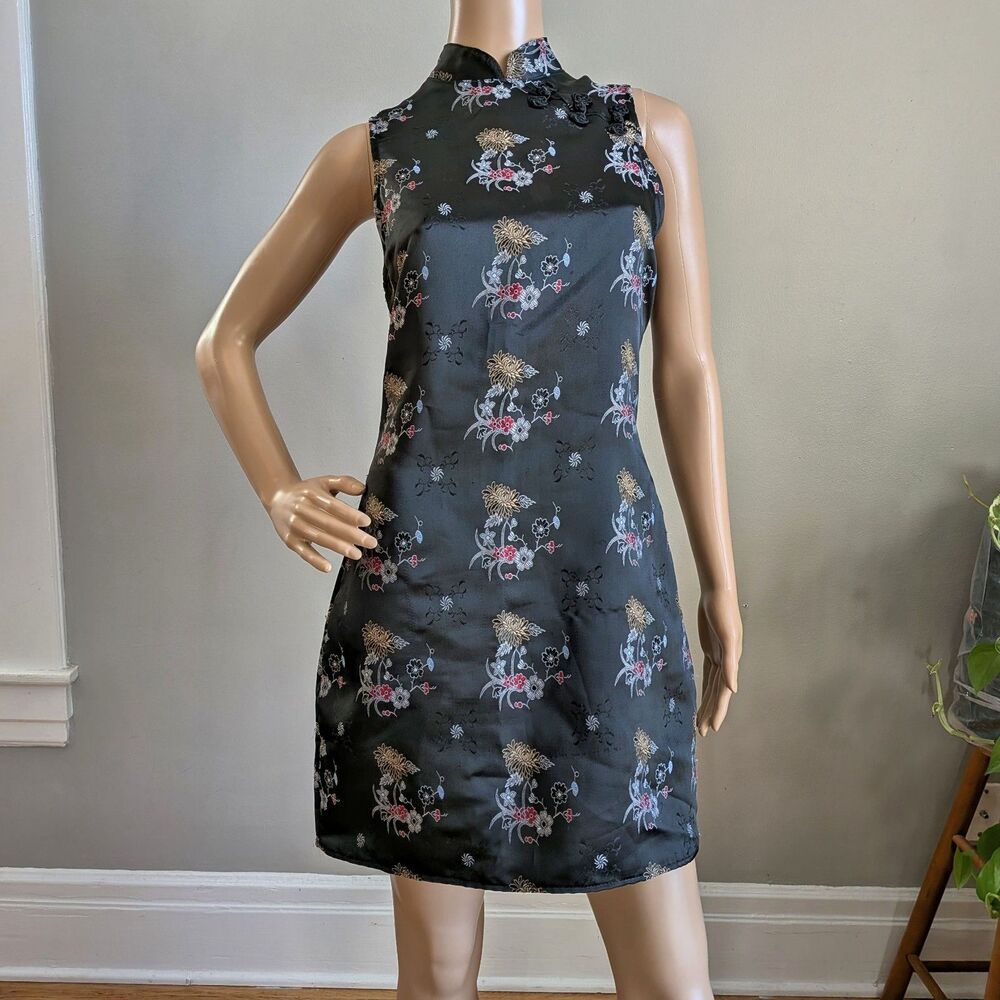 Vintage 90s Knapp Studio Mini Dress Qipao Cheongsam Mandarin Collar Embroidered